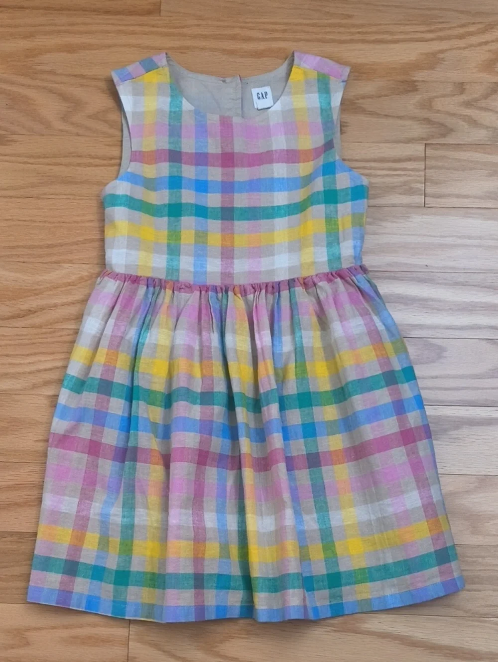 GAP Sleeveless Pastel Multi-Color Plaid Linen Dress Size S EUC
